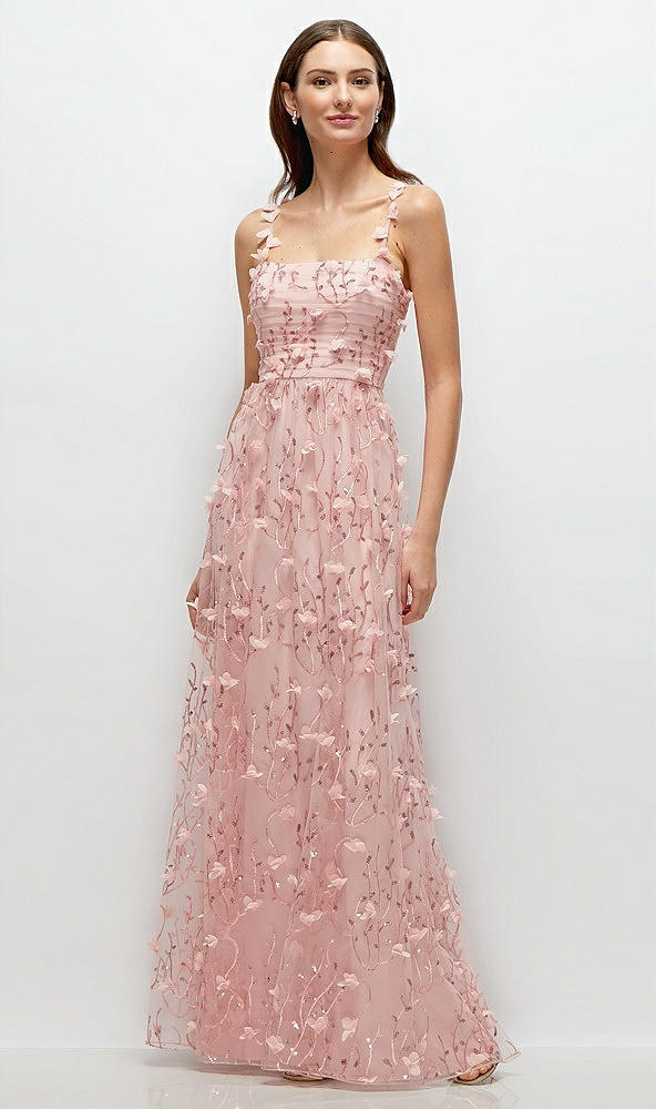 Front View - Rose - PANTONE Rose Quartz Shirred 3D Sequin Embroidery Floral Maxi Dress with Petal-Adorned Straps