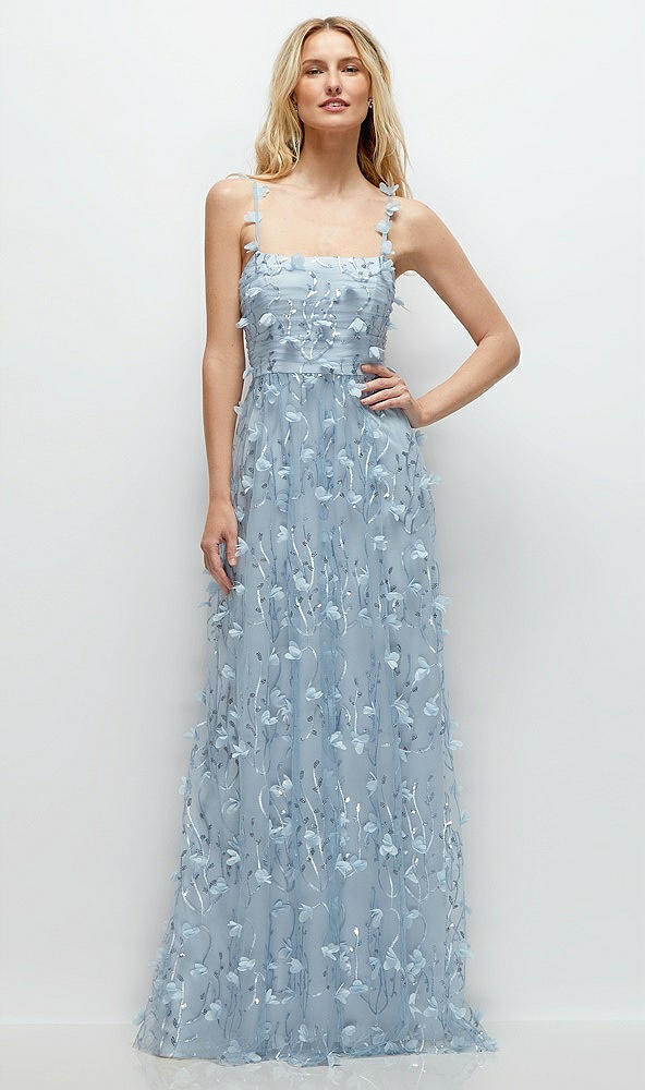 Front View - Silver Dove Shirred 3D Sequin Embroidery Floral Maxi Dress with Petal-Adorned Straps