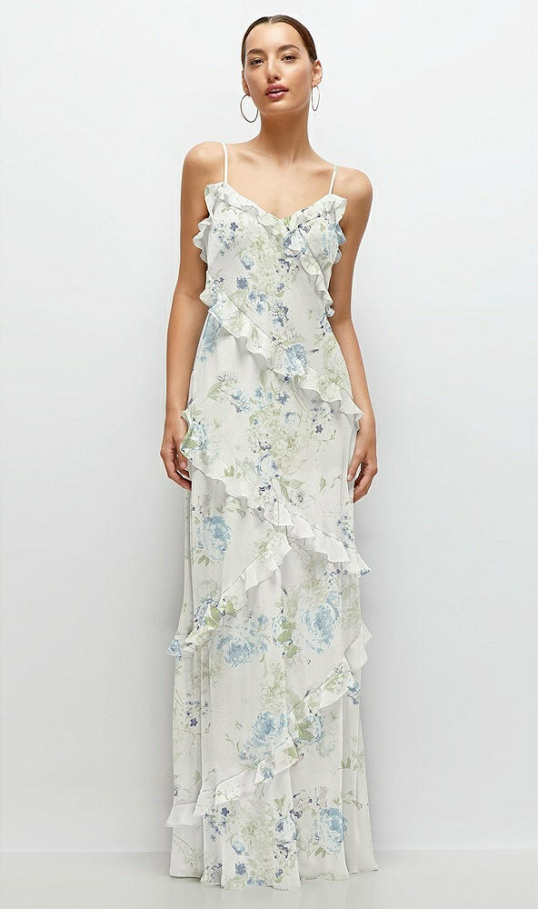 Front View - Bleu Garden Asymmertical Ruffle Chiffon Bias Slip Maxi Dress