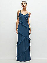 Front View Thumbnail - Dusk Blue Asymmertical Ruffle Chiffon Bias Slip Maxi Dress