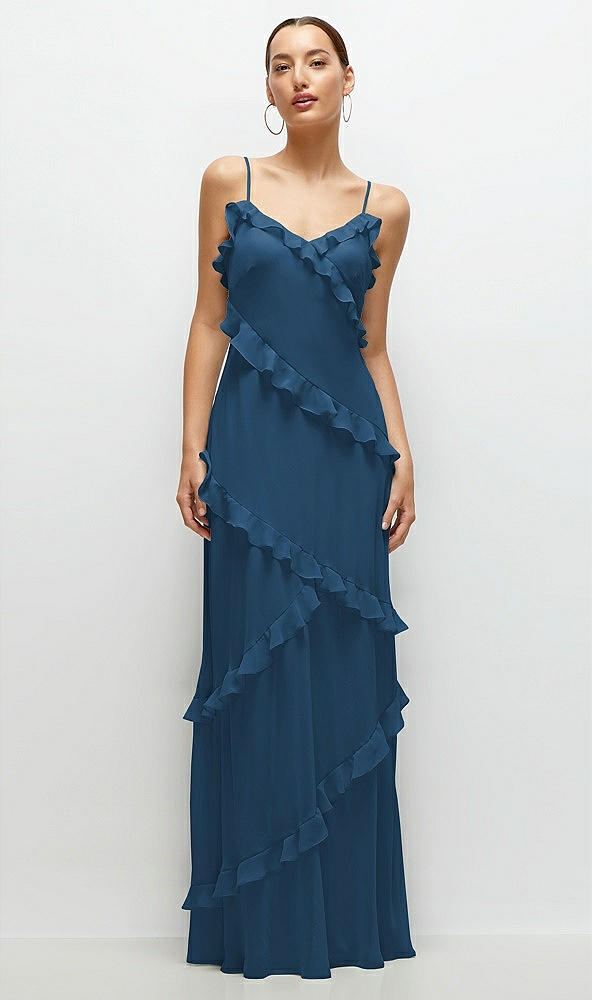 Front View - Dusk Blue Asymmertical Ruffle Chiffon Bias Slip Maxi Dress