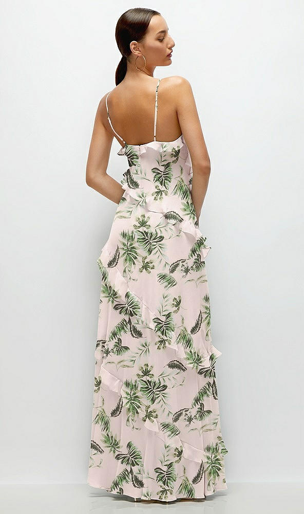 Back View - Palm Beach Print Asymmertical Ruffle Chiffon Bias Slip Maxi Dress