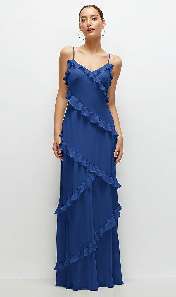 Front View - Classic Blue Asymmertical Ruffle Chiffon Bias Slip Maxi Dress