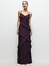 Front View Thumbnail - Aubergine Asymmertical Ruffle Chiffon Bias Slip Maxi Dress