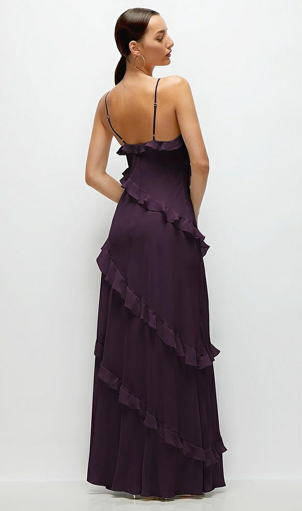 Back View - Aubergine Asymmertical Ruffle Chiffon Bias Slip Maxi Dress