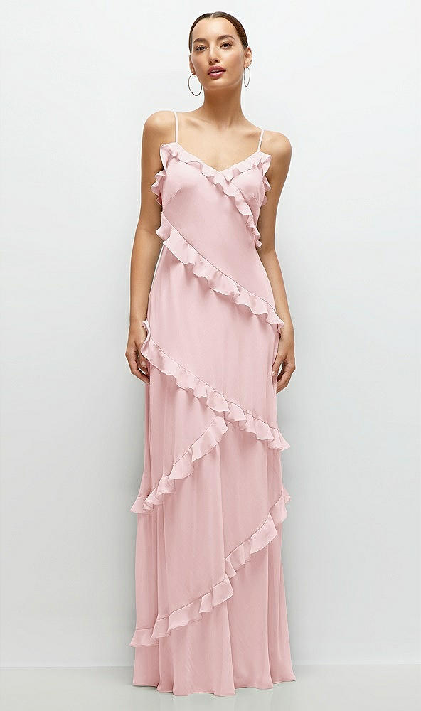 Front View - Ballet Pink Asymmertical Ruffle Chiffon Bias Slip Maxi Dress