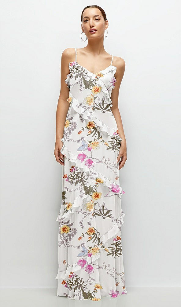 Front View - Butterfly Botanica Ivory Asymmertical Ruffle Chiffon Bias Slip Maxi Dress