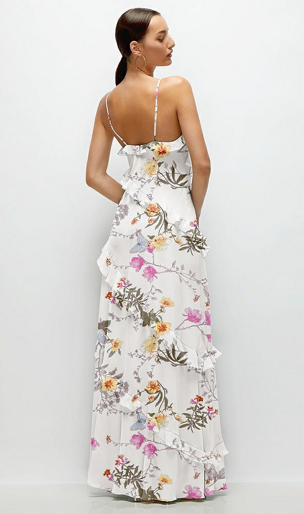 Back View - Butterfly Botanica Ivory Asymmertical Ruffle Chiffon Bias Slip Maxi Dress