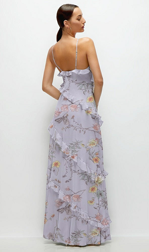 Back View - Butterfly Botanica Silver Dove Asymmertical Ruffle Chiffon Bias Slip Maxi Dress