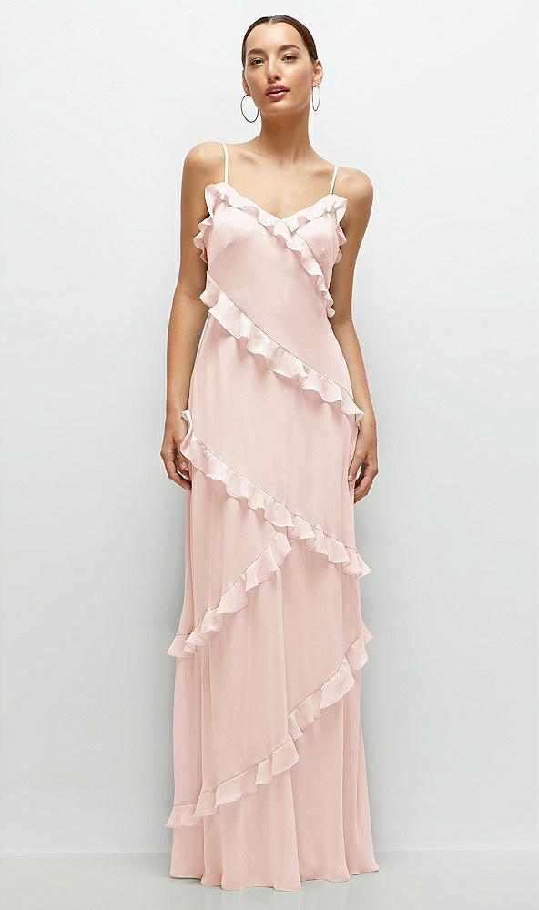 Front View - Blush Asymmertical Ruffle Chiffon Bias Slip Maxi Dress