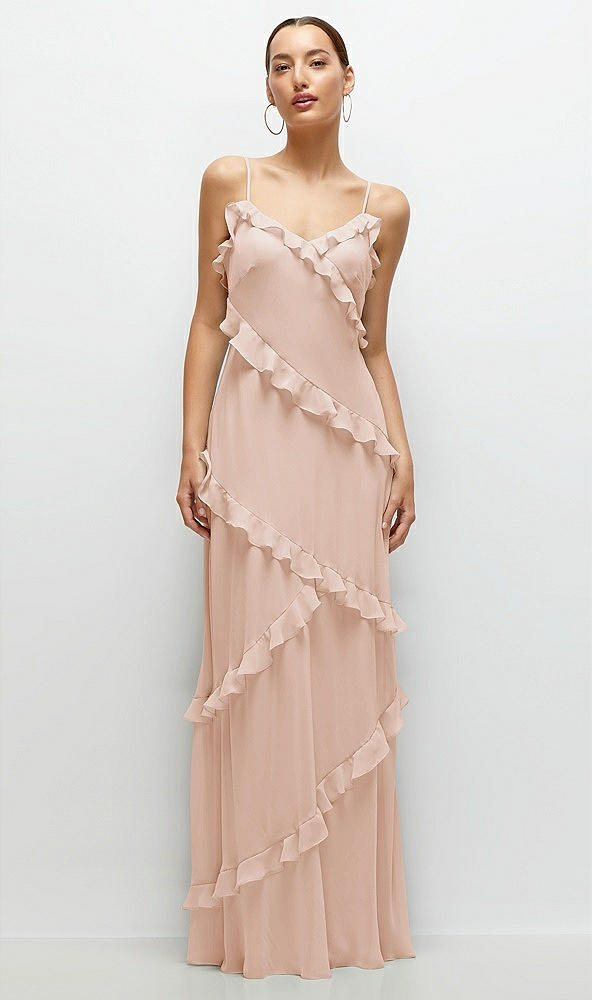 Front View - Cameo Asymmertical Ruffle Chiffon Bias Slip Maxi Dress