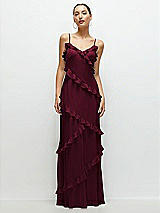 Front View Thumbnail - Cabernet Asymmertical Ruffle Chiffon Bias Slip Maxi Dress