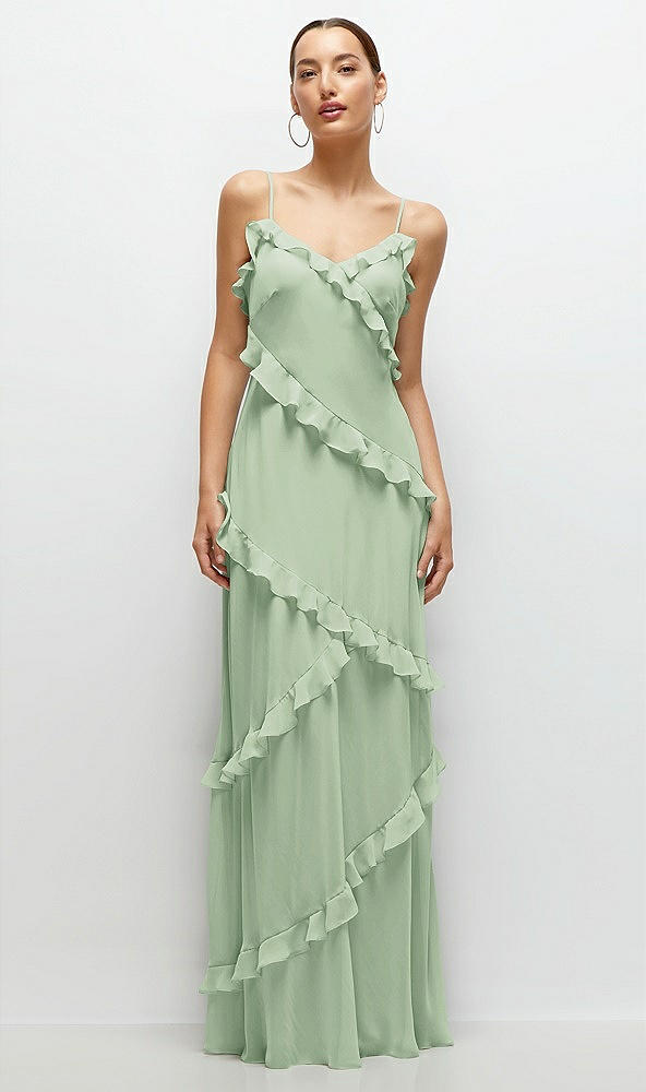 Front View - Celadon Asymmertical Ruffle Chiffon Bias Slip Maxi Dress