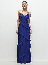 Front View Thumbnail - Cobalt Blue Asymmertical Ruffle Chiffon Bias Slip Maxi Dress