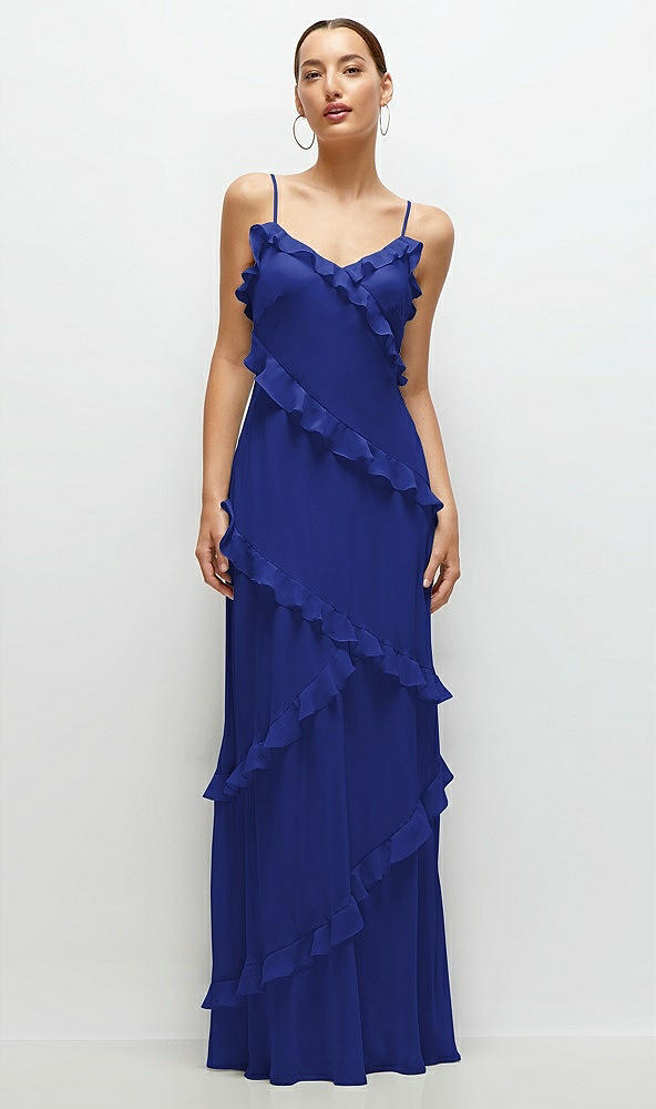 Front View - Cobalt Blue Asymmertical Ruffle Chiffon Bias Slip Maxi Dress