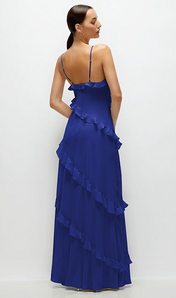 Back View - Cobalt Blue Asymmertical Ruffle Chiffon Bias Slip Maxi Dress