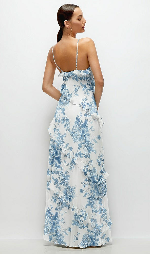 Back View - Cottage Rose Dusk Blue Asymmertical Ruffle Chiffon Bias Slip Maxi Dress