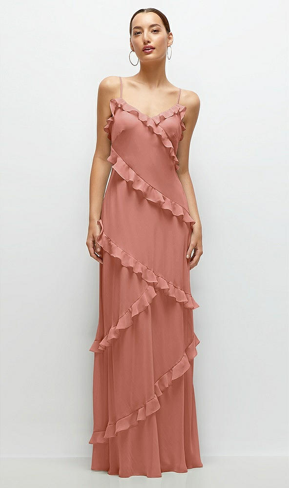 Front View - Desert Rose Asymmertical Ruffle Chiffon Bias Slip Maxi Dress