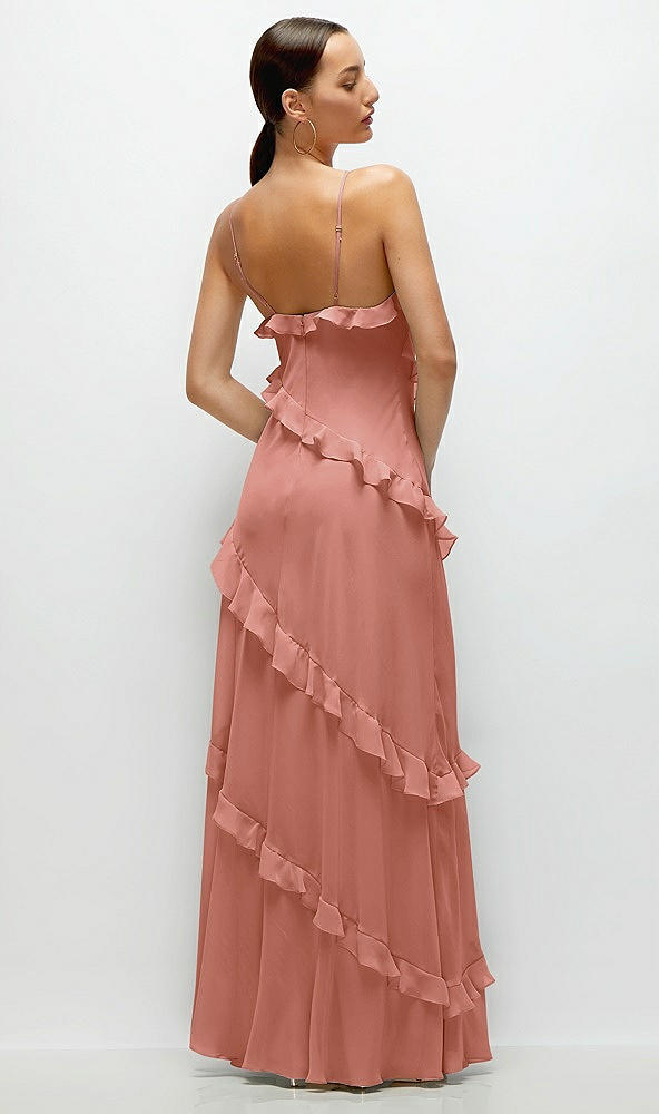 Back View - Desert Rose Asymmertical Ruffle Chiffon Bias Slip Maxi Dress