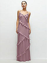 Front View Thumbnail - Dusty Rose Asymmertical Ruffle Chiffon Bias Slip Maxi Dress