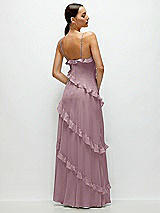 Rear View Thumbnail - Dusty Rose Asymmertical Ruffle Chiffon Bias Slip Maxi Dress