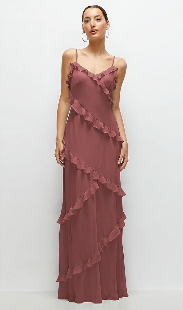 Front View - English Rose Asymmertical Ruffle Chiffon Bias Slip Maxi Dress