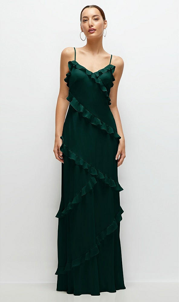 Front View - Evergreen Asymmertical Ruffle Chiffon Bias Slip Maxi Dress