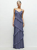 Front View Thumbnail - French Blue Asymmertical Ruffle Chiffon Bias Slip Maxi Dress