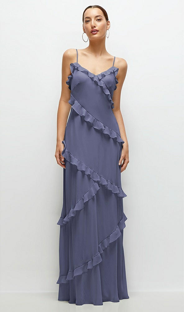 Front View - French Blue Asymmertical Ruffle Chiffon Bias Slip Maxi Dress