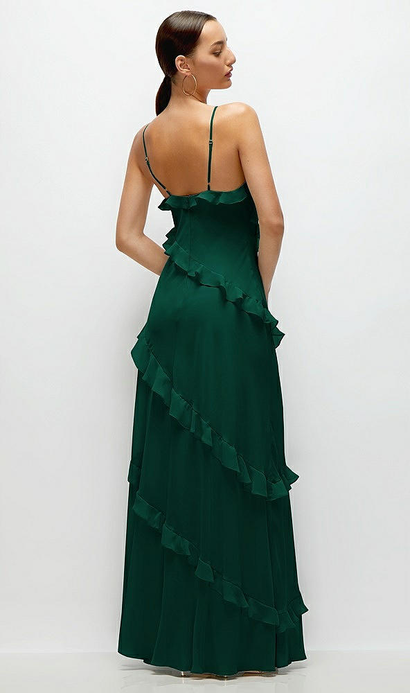 Back View - Hunter Green Asymmertical Ruffle Chiffon Bias Slip Maxi Dress