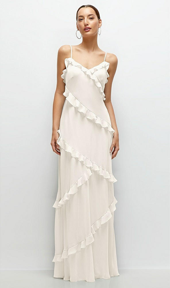 Front View - Ivory Asymmertical Ruffle Chiffon Bias Slip Maxi Dress