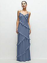 Front View Thumbnail - Larkspur Blue Asymmertical Ruffle Chiffon Bias Slip Maxi Dress