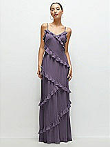 Front View Thumbnail - Lavender Asymmertical Ruffle Chiffon Bias Slip Maxi Dress