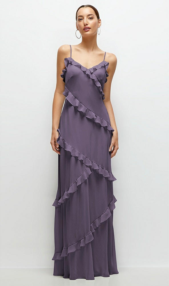 Front View - Lavender Asymmertical Ruffle Chiffon Bias Slip Maxi Dress