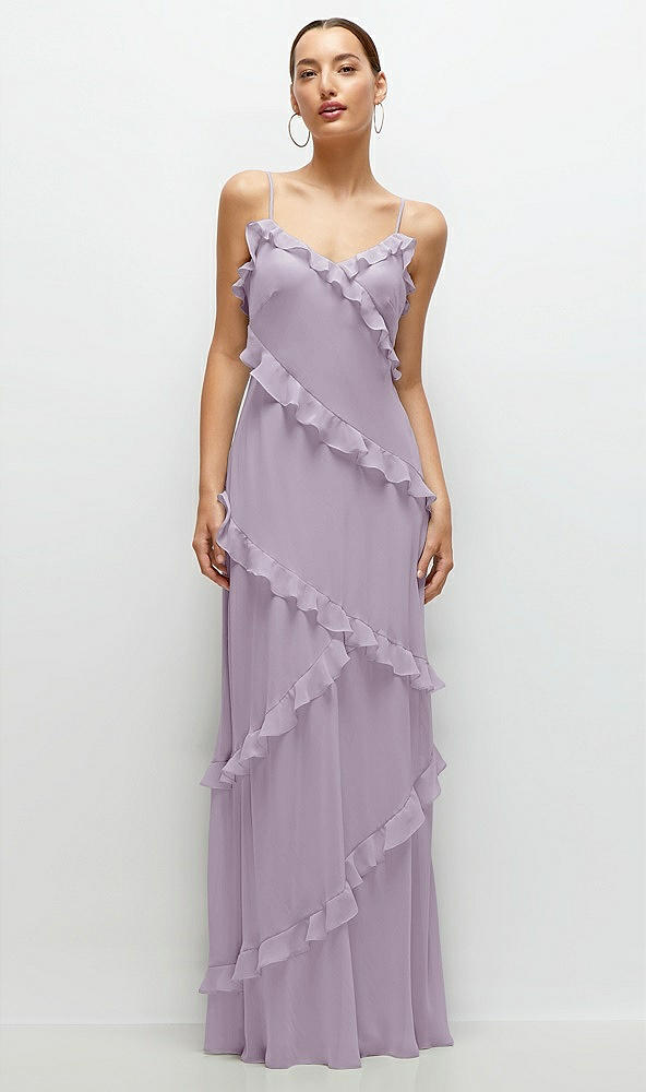 Front View - Lilac Haze Asymmertical Ruffle Chiffon Bias Slip Maxi Dress