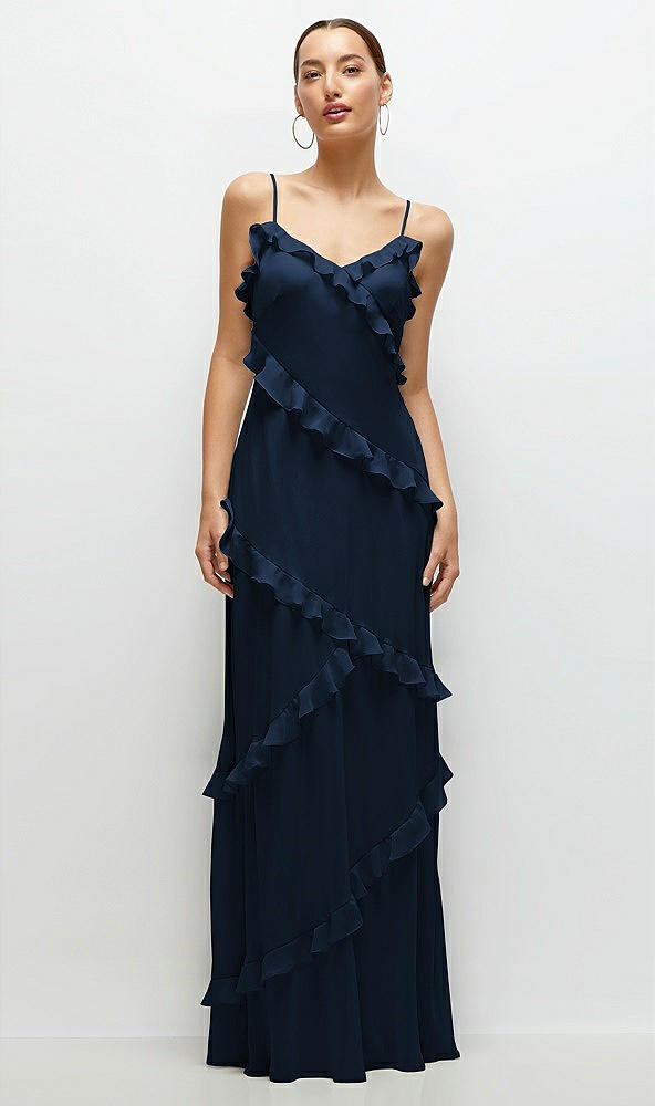 Front View - Midnight Navy Asymmertical Ruffle Chiffon Bias Slip Maxi Dress