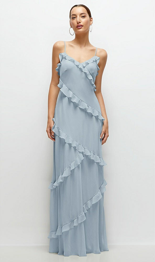 Front View - Mist Asymmertical Ruffle Chiffon Bias Slip Maxi Dress