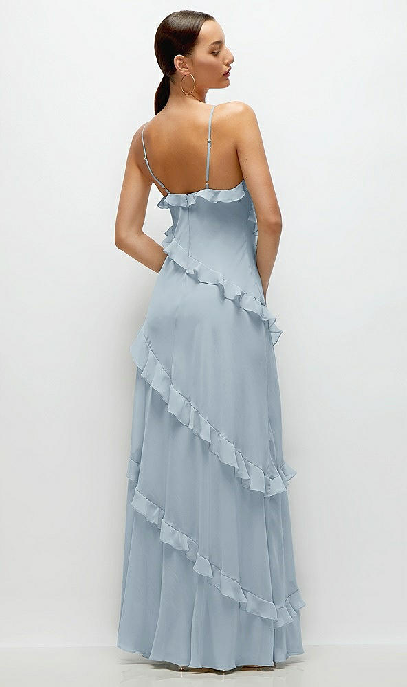 Back View - Mist Asymmertical Ruffle Chiffon Bias Slip Maxi Dress