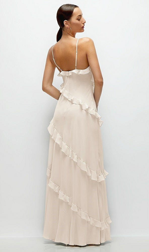 Back View - Oat Asymmertical Ruffle Chiffon Bias Slip Maxi Dress