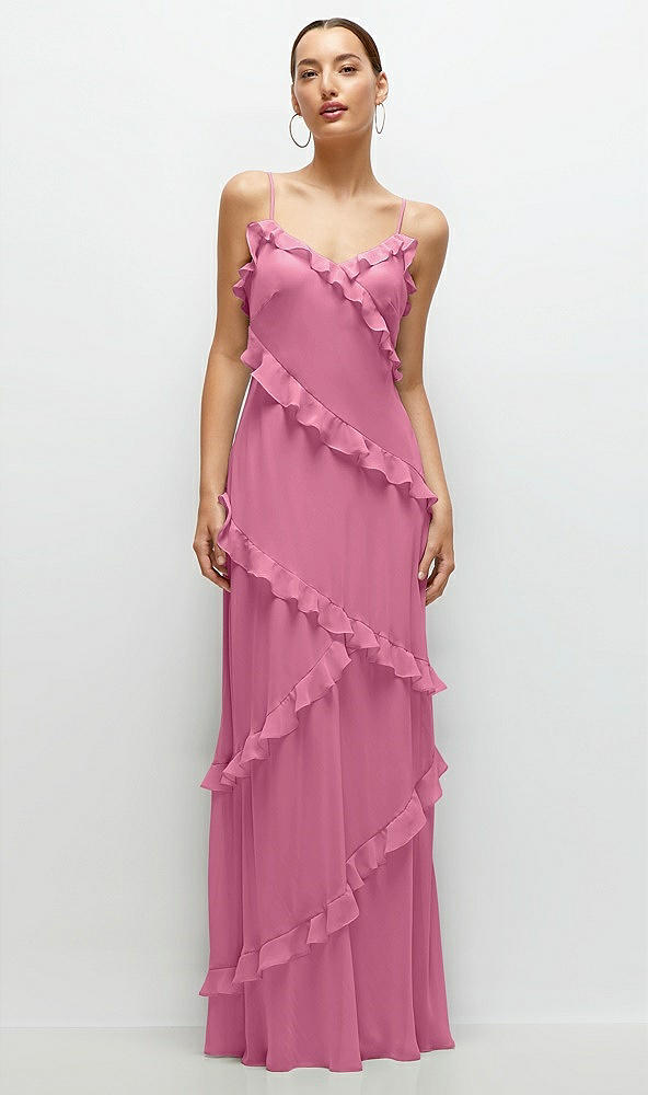 Front View - Orchid Pink Asymmertical Ruffle Chiffon Bias Slip Maxi Dress