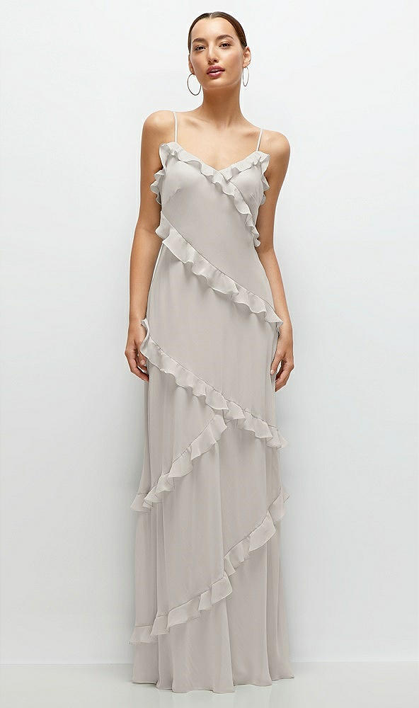 Front View - Oyster Asymmertical Ruffle Chiffon Bias Slip Maxi Dress