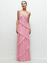 Front View Thumbnail - Peony Pink Asymmertical Ruffle Chiffon Bias Slip Maxi Dress