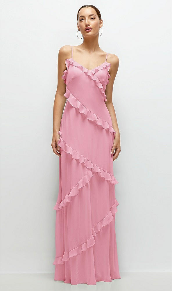 Front View - Peony Pink Asymmertical Ruffle Chiffon Bias Slip Maxi Dress