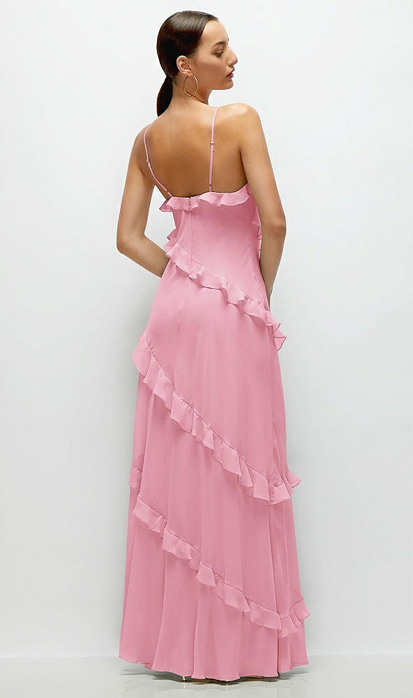 Back View - Peony Pink Asymmertical Ruffle Chiffon Bias Slip Maxi Dress