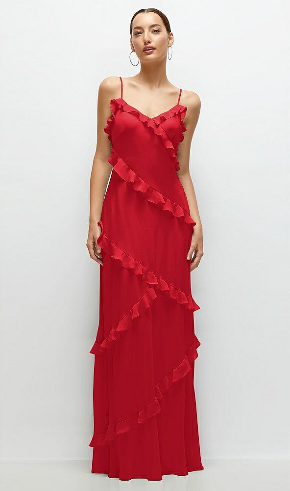 Front View - Parisian Red Asymmertical Ruffle Chiffon Bias Slip Maxi Dress