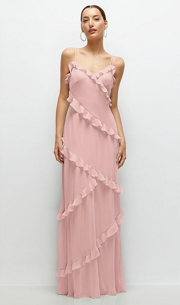 Front View - Rose - PANTONE Rose Quartz Asymmertical Ruffle Chiffon Bias Slip Maxi Dress