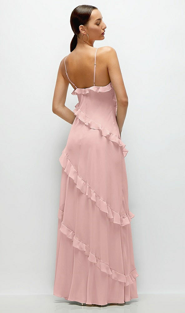 Back View - Rose - PANTONE Rose Quartz Asymmertical Ruffle Chiffon Bias Slip Maxi Dress