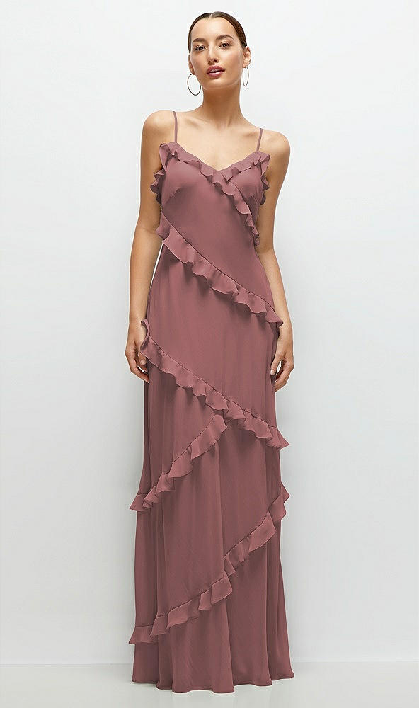 Front View - Rosewood Asymmertical Ruffle Chiffon Bias Slip Maxi Dress