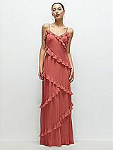 Front View Thumbnail - Coral Pink Asymmertical Ruffle Chiffon Bias Slip Maxi Dress