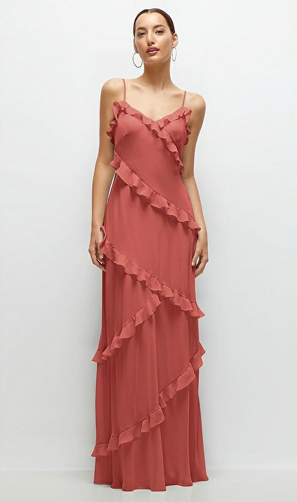 Front View - Coral Pink Asymmertical Ruffle Chiffon Bias Slip Maxi Dress